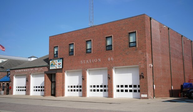 Rehoboth Beach, Delaware, U.S.A - Sept 8, 2026 - Station 86 volunteer fire station with multiple garage bays and clear signage in a clean civic facility.