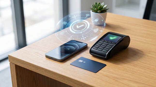 Contactless Digital Payment Concept with Smartphone, Bank Card and POS Terminal