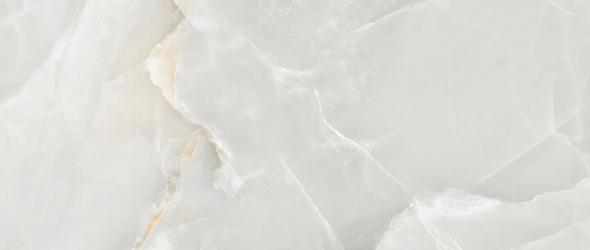 Frosted onyx texture background with icy layered folds and subtle amber crystal veins on pale white stone for interior design
