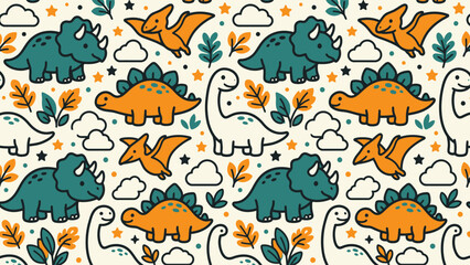 Seamless nursery pattern featuring cute cartoon dinosaurs including triceratops, stegosaurus, brachiosaurus, and pterodactyl with stars, clouds, and leaves on a light background. © Robich Art