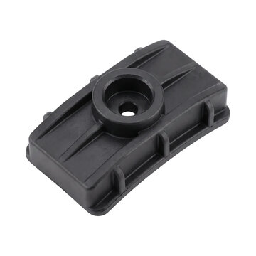 Rectangular black plastic industrial mounting bracket featuring a central circular hole isolated against a clean white professional studio photography background
