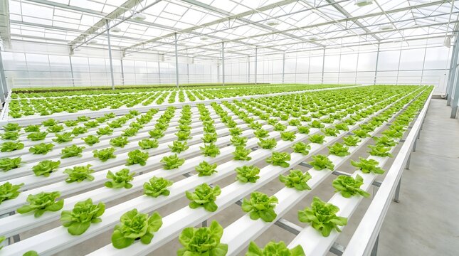 Lettuce plants growing in long hydroponic pipes inside a spacious modern greenhouse.