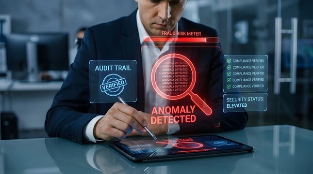 Cybersecurity analyst reviewing anomaly detection alerts on a laptop with digital security interface