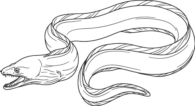 Sleek winding moray eel black and white line art
