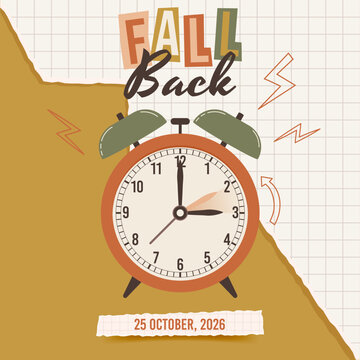 Fall Back, Daylight Saving Time Ends in 25 October 2026, Retro Collage Banner with Vintage Alarm Clock and Paper grid texture