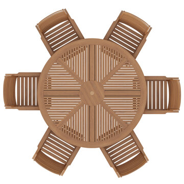 Top view of a round wooden outdoor patio dining table set with six slatted chairs