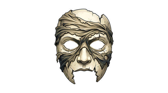 Eerie tattered mummy mask illustration, bandages and bone fragments, ancient cursed artifact for fantasy game or halloween horror design.