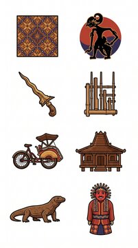 Set of 8 Traditional Indonesian Cultural Heritage Icons in Flat Cartoon Style Clipart Pack