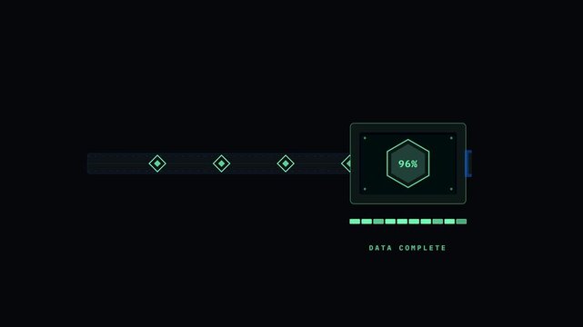 Futuristic sci-fi FUI interface showing a continuous digital data stream passing through multiple validation checkpoints and entering a processing hub while a segmented progress indicator advances fro