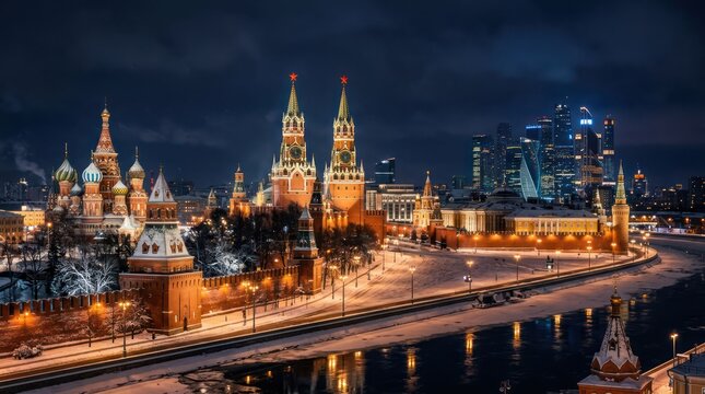 Moscow Kremlin and Cityscape at Night with Illuminated Buildings and River.