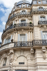 Ornate Haussmann Palace Facade with Atlantes and Turret in Montpellier, France © Sonny