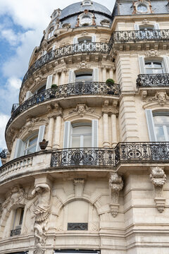 Ornate Haussmann Palace Facade with Atlantes and Turret in Montpellier, France