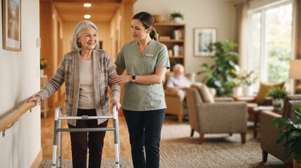 Fototapeta premium Caregiver assisting elderly woman with walker in modern senior living hallway