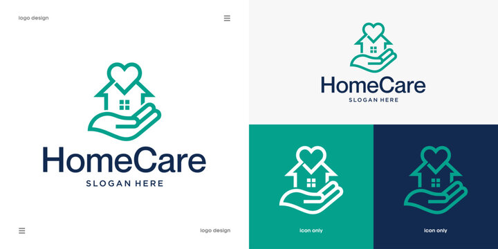 Home Care Logo Template with House, Hand and Heart Icon for Real Estate, Charity or Nursing Service