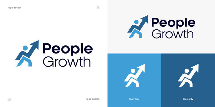 People Growth simple logo design, with human icon and blue upward arrow for business career development