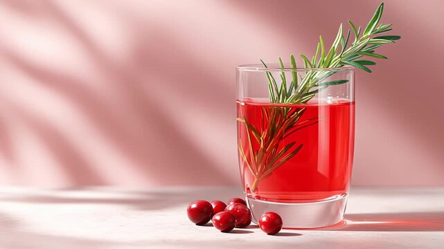 Refreshing cranberry juice with rosemary garnish on pink background