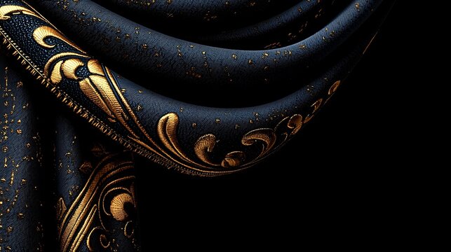 Draped dark navy fabric with golden embellishments
