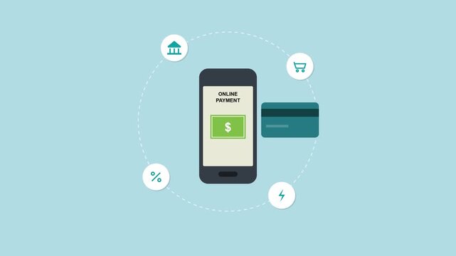 Conceptual animation illustrates online payment processes, featuring a smartphone, a credit card, and circulating icons representing banking and digital financial services on a blue background.