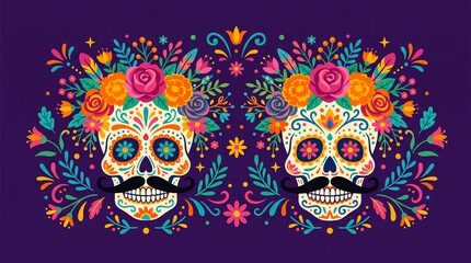 Fototapeta premium Colorful Day of the Dead skulls decorated with flowers and mustache