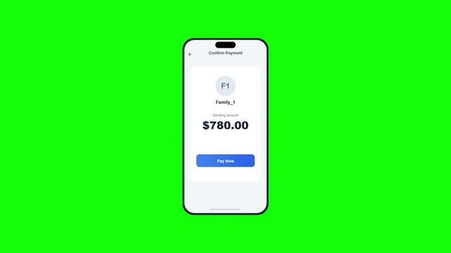 Smart phone screen displaying a mobile payment interface conducts a digital money transfer with a success confirmation message over a green screen background.