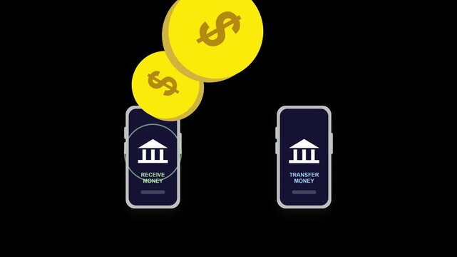 Digital money transfer animation depicts gold dollar coins moving between two smartphones displaying banking icons on a black background.