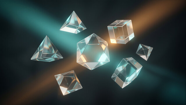 Transparent glass geometric shapes and platonic solids floating in light