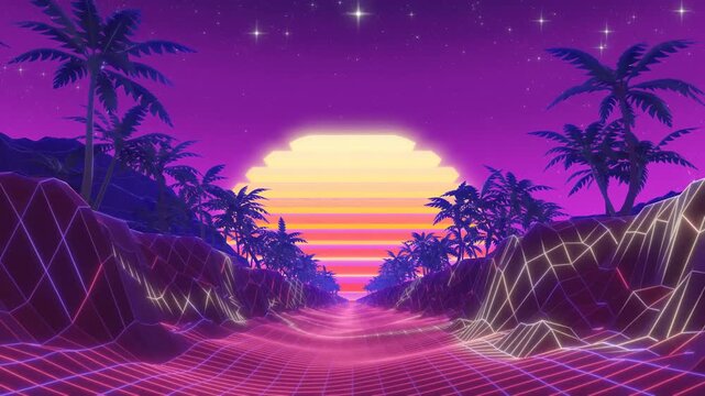 Retro 80s synthwave loop animation of wireframe grid road with palm trees and sunset