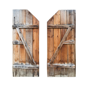 Old wooden rustic door isolated on white background with clipping path