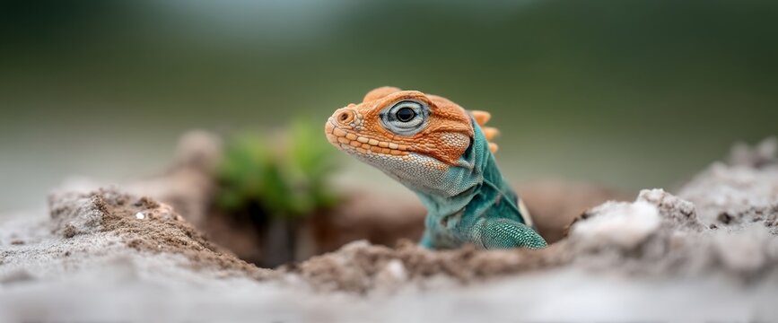 Colorful lizard emerges from hole. Orange head and blue body. Curious expression. Green background