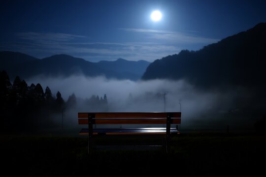 Moonlit bench overlooking misty mountains