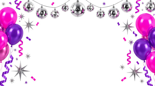 Festive Party Frame with Pink and Purple Balloons and Silver Disco Balls