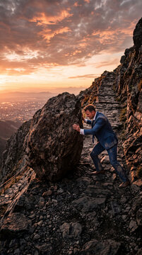Man in suit pushing boulder uphill against dramatic sunset sky, symbolizing struggle and determination, conceptual for business or personal growth.