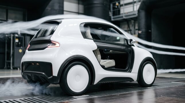 Compact electric microcar rear quarter view in wind tunnel with airflow smoke and carbon fiber panels