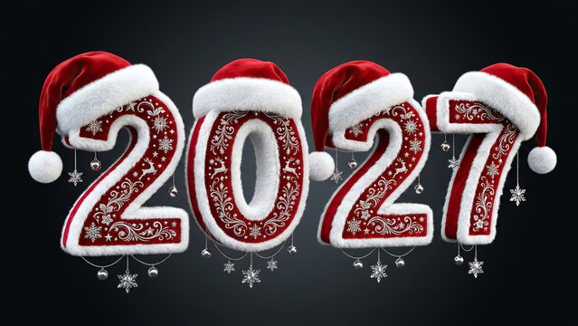 The four numbers in the New Year's hats stand in one horizontal row and form the number "2027" on a dark gradient background