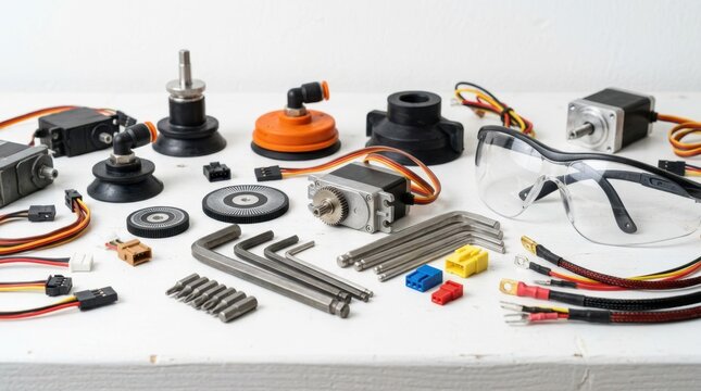 Studio arrangement of robotics components including servo motors, suction cups, hex keys, encoder wheels and safety glasses