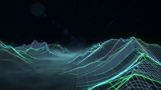 Digital wireframe landscape of glowing mountains in a dark virtual space with glowing grid tech background data topography 3D terrain cyber landscape mountain range blue glow futuristic