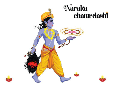 Naraka Chaturdashi Choti Diwali Krishna Killing Narakasura Vector