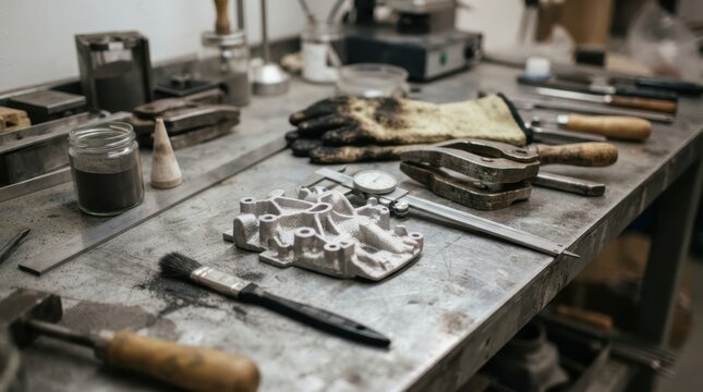 Mold making equipment including casting pattern, calipers, refractory clamps, heat gloves, and sand sample arranged on a foundry workbench