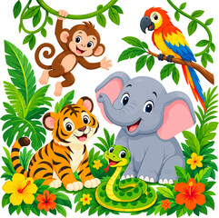 Fototapeta premium Jungle animals with foliage in a playful vector illustration for children's themes