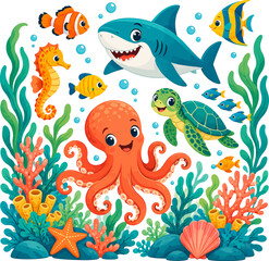 Fototapeta premium Whimsical ocean life with cheerful sea creatures and coral in vibrant colors a playful underwater scene for children's media vector illustration