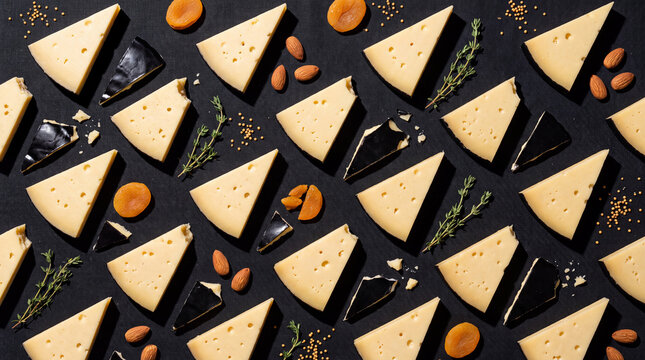 Wide flat lay grid of danbo cheese wedges overhead