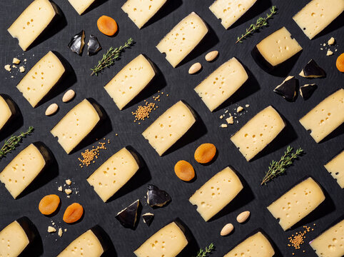 Danbo cheese wedges arranged in overhead flat lay grid