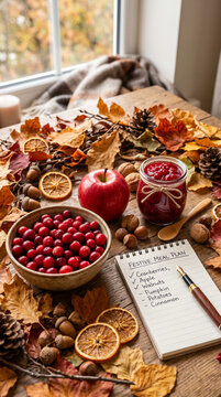 Autumnal still life with cranberries, apple, nuts, and jam, symbolizing harvest, preparation, and cozy seasonal gatherings