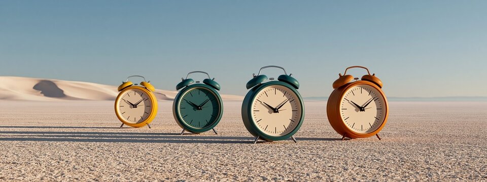 Four colorful retro alarm clocks lined up in a vast desert landscape