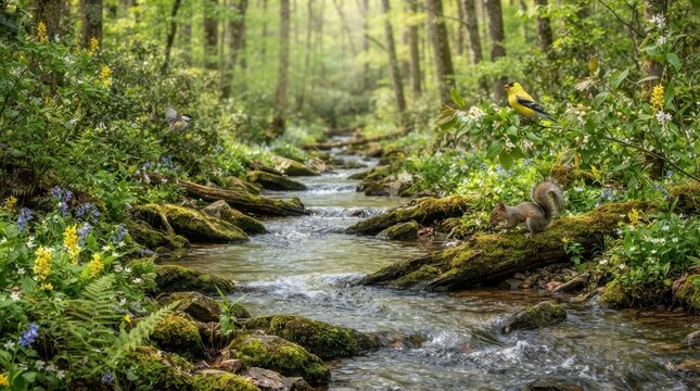 Serene Forest Stream: A babbling brook winds through a lush, verdant forest, teeming with life. Sunlight filters through the canopy.