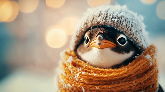 A cute penguin wrapped in a cozy winter scarf and hat, surrounded by snowflakes