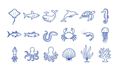 Fototapeta premium Sea Creatures And Ocean Wildlife Doodle Illustration Set.