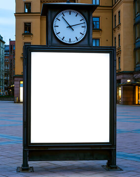 City Square Billboard Mockup with Blank White Poster and Large Clock in Background