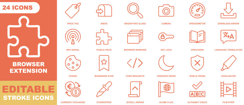 Browser extension icon sheet with twenty-four editable stroke line symbols in orange and white colors