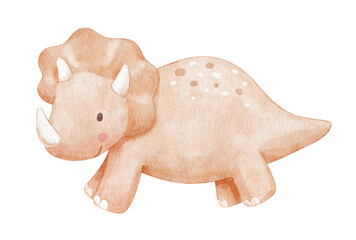 Cute cartoon dinosaur tyrannosaurus watercolour isolated illustration for kids. Adorable dino character for nursery decor © Elena